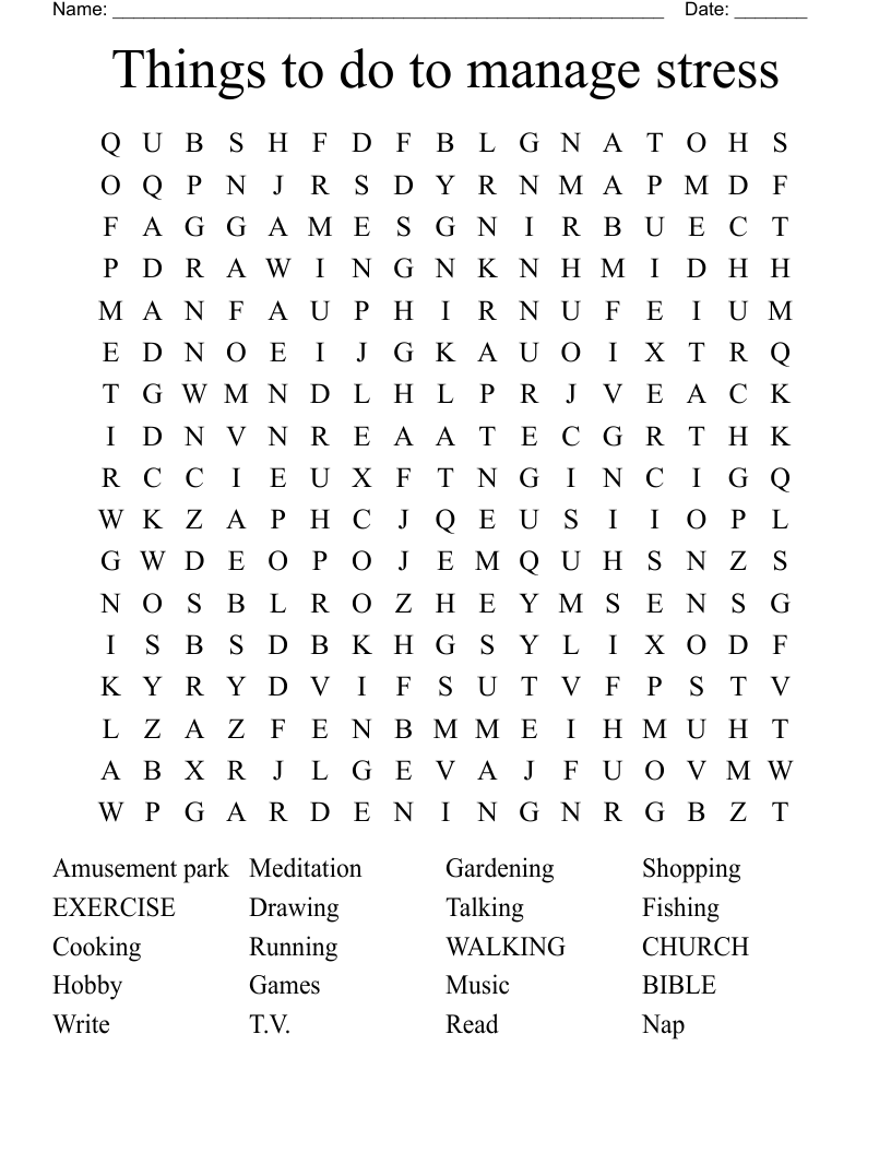 Things to do to manage stress Word Search