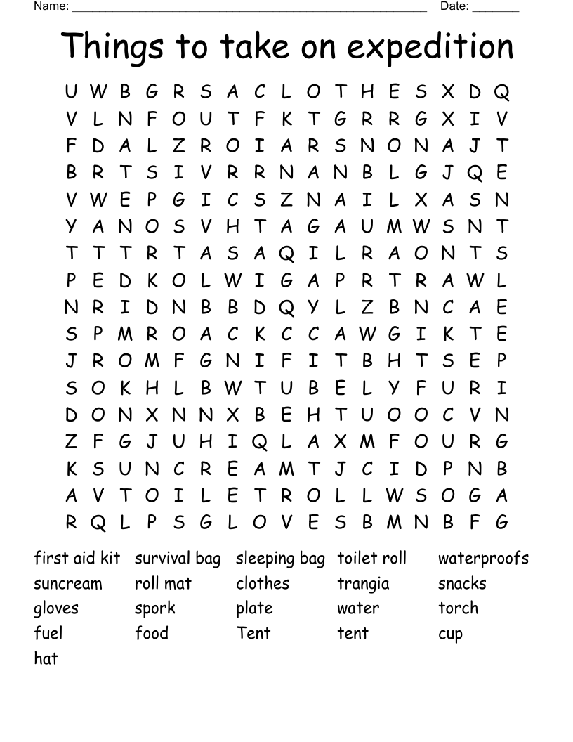 Things to take on expedition Word Search