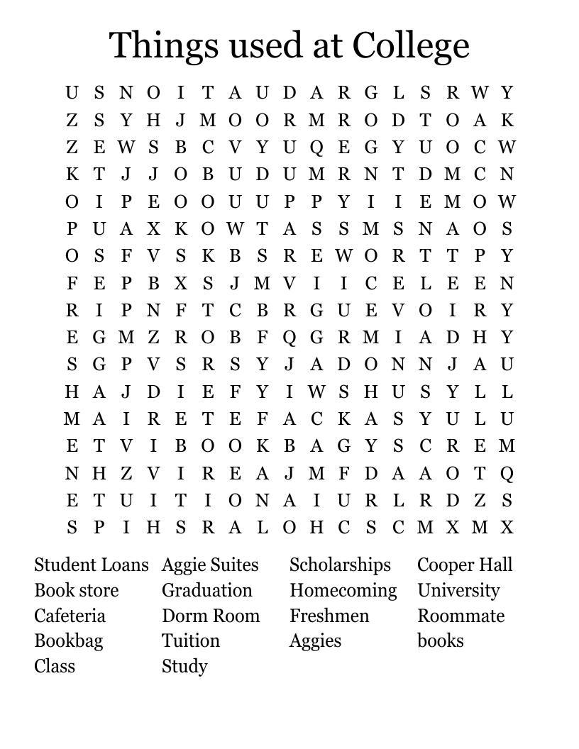 Things used at College Word Search