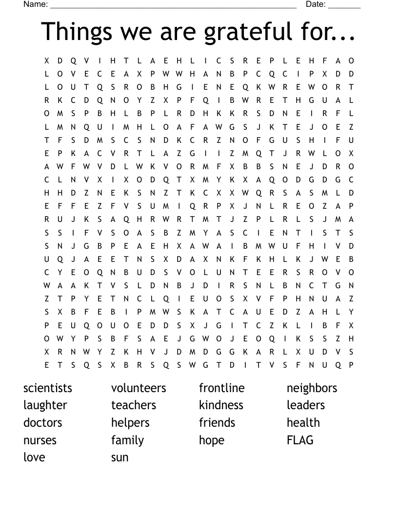 Things we are grateful for... Word Search