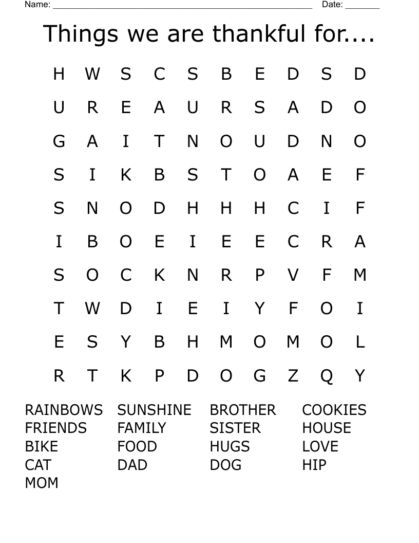 Things we are thankful for.... Word Search