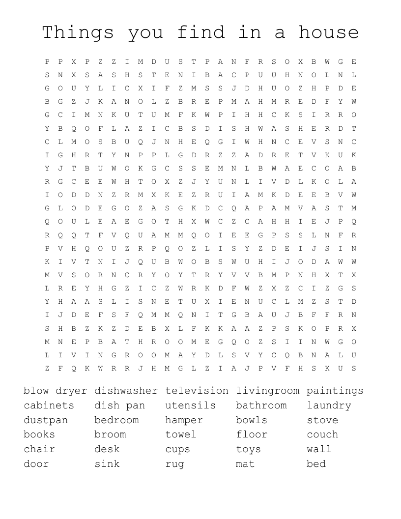 Things you find in a house Word Search