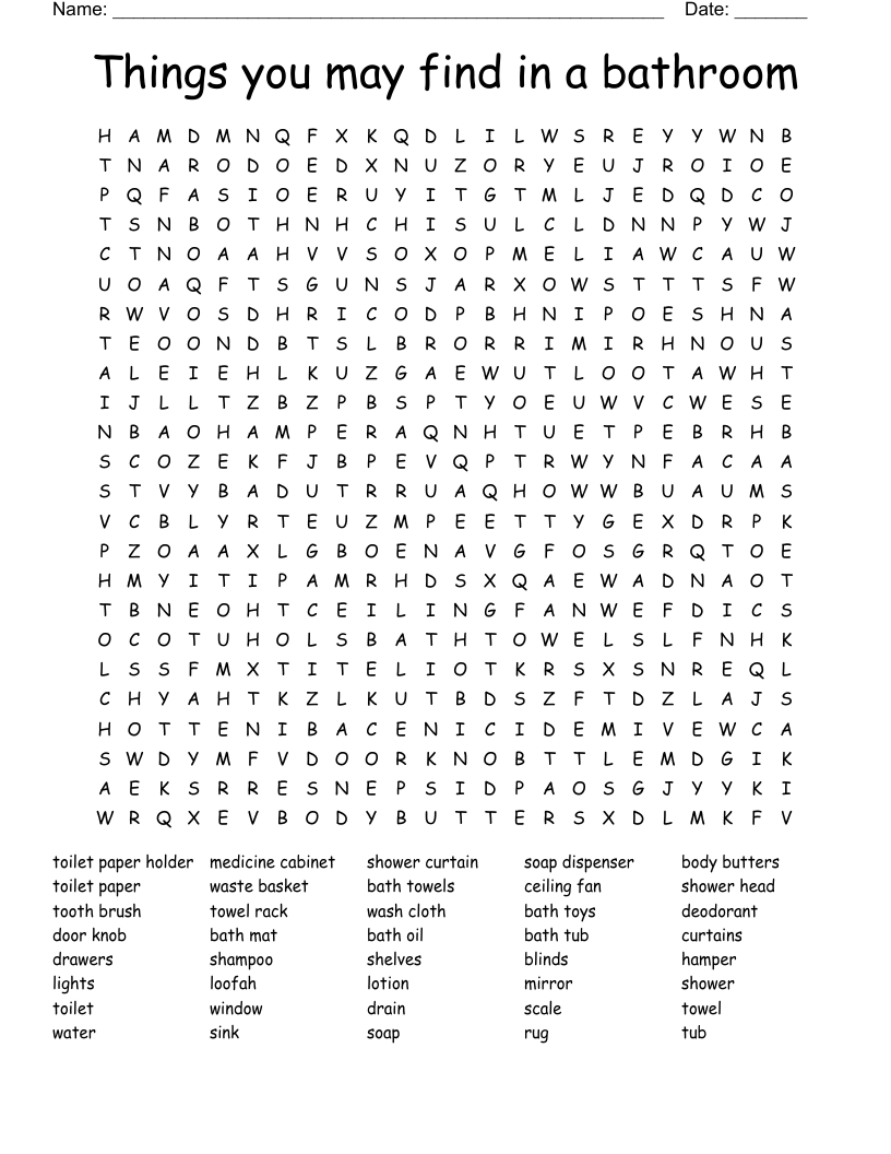 Things you may find in a bathroom Word Search