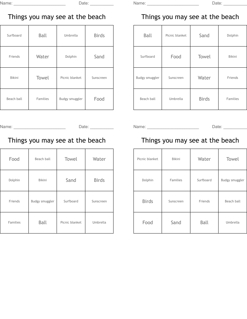 Things you may see at the beach Bingo Cards
