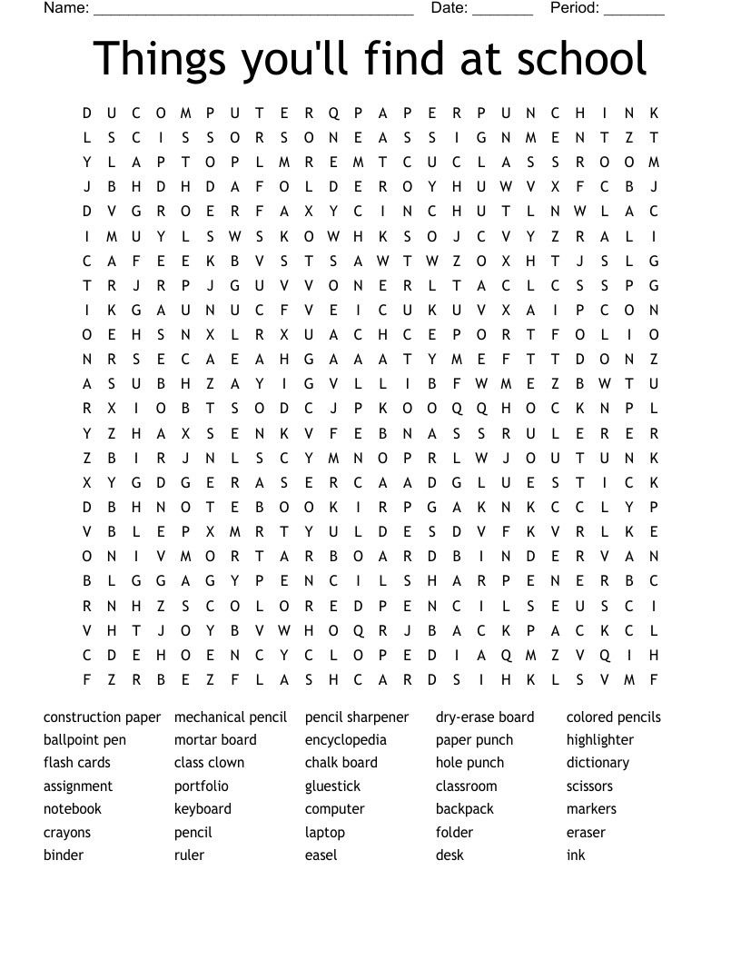 Things you'll find at school Word Search