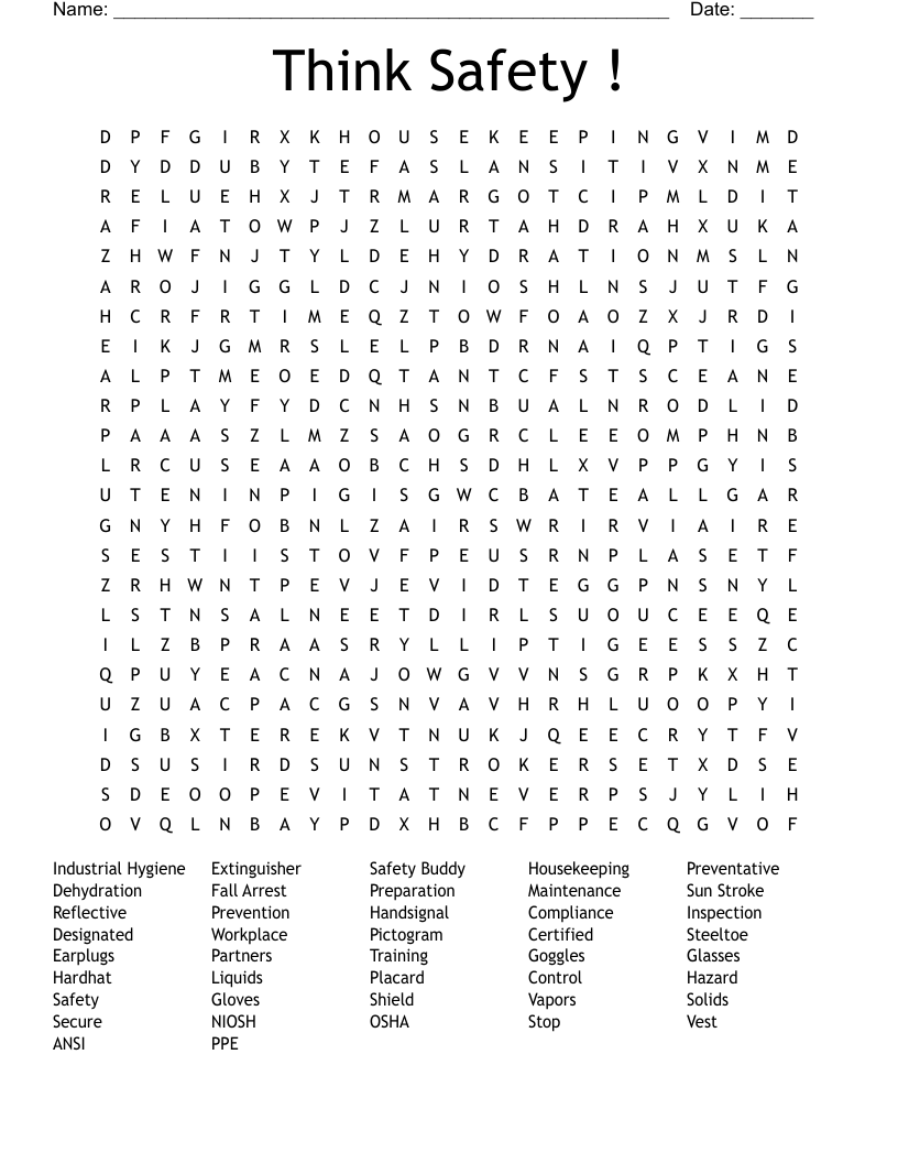 Think Safety ! Word Search