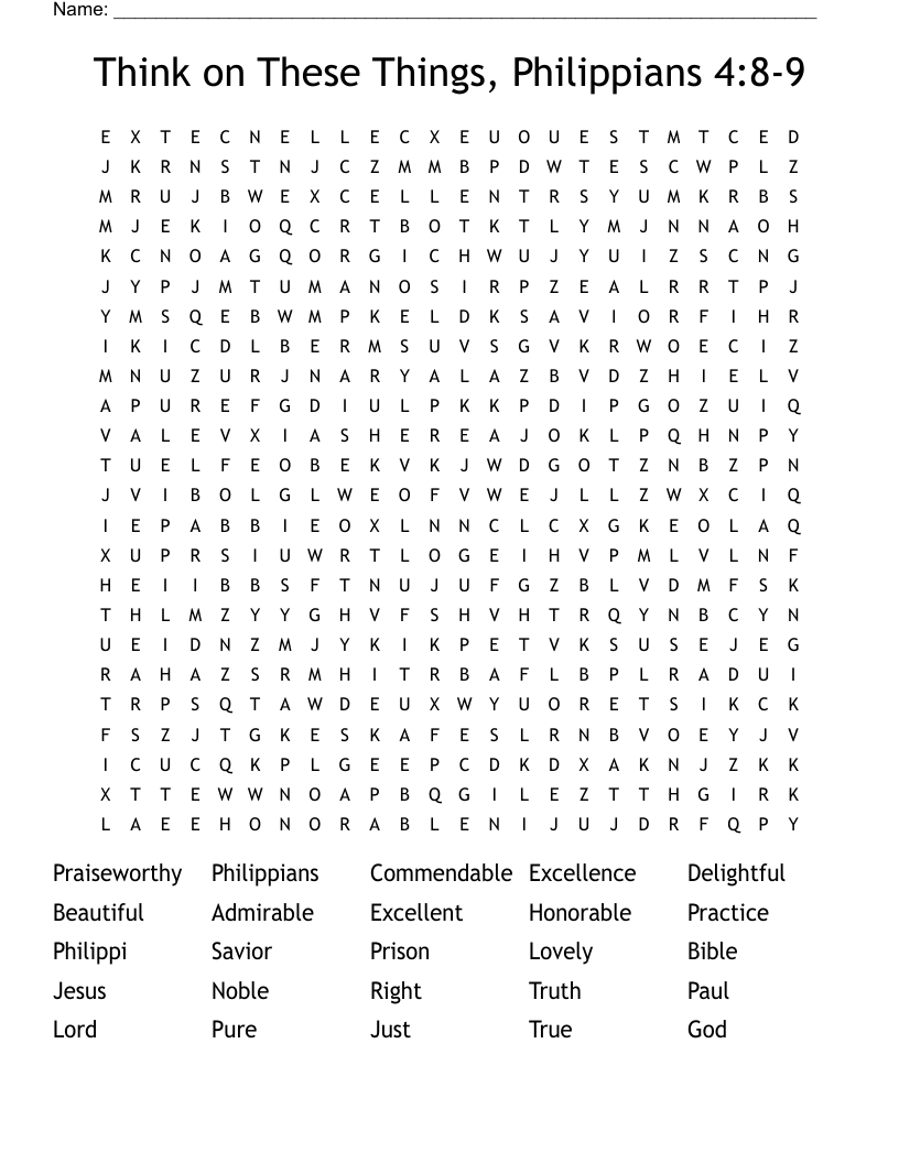 Think on These Things, Philippians 4:8-9 Word Search