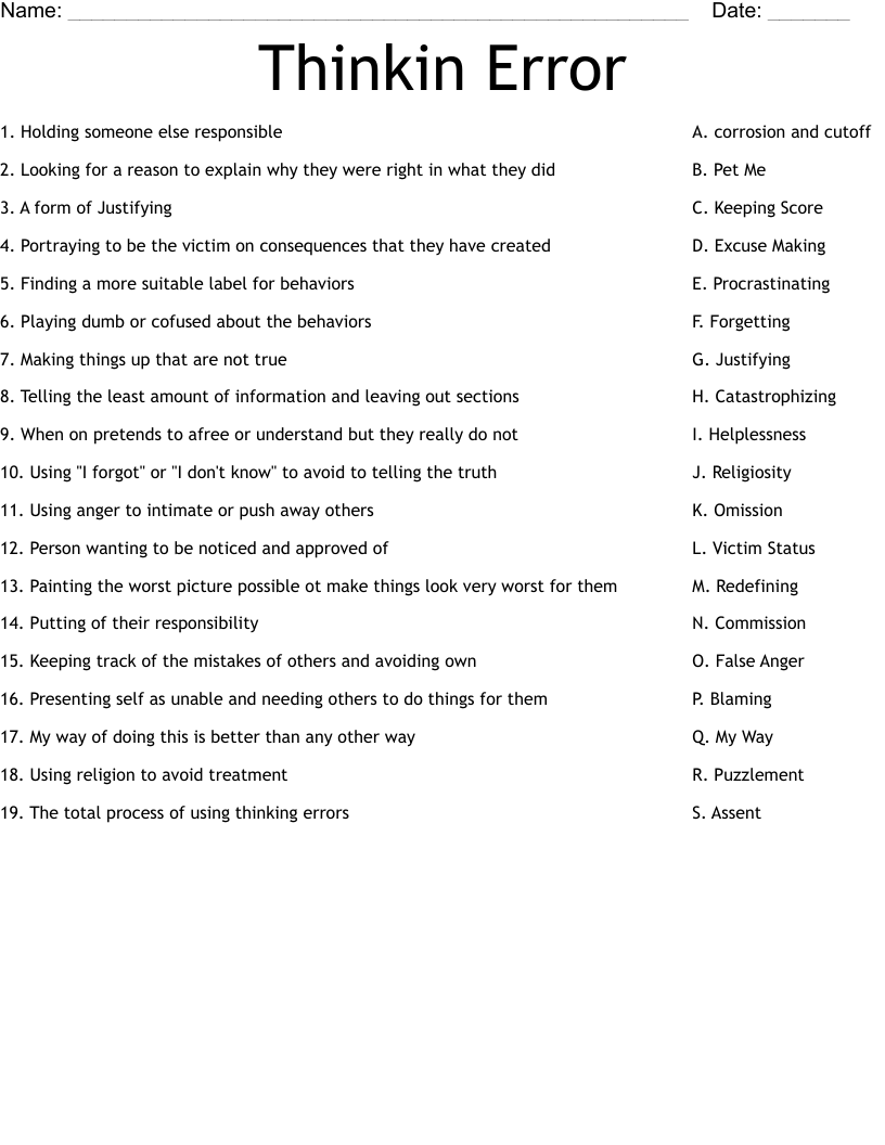 Thinkin Error Worksheet