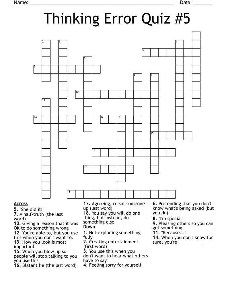 Thinking Error Quiz #5 Crossword