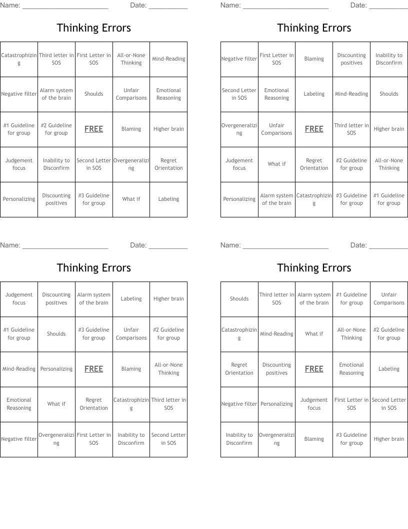 Thinking Errors Bingo Cards