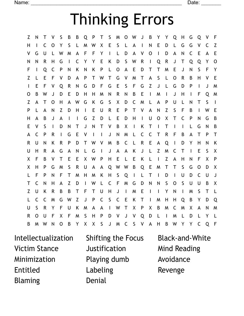 Thinking Errors Word Search