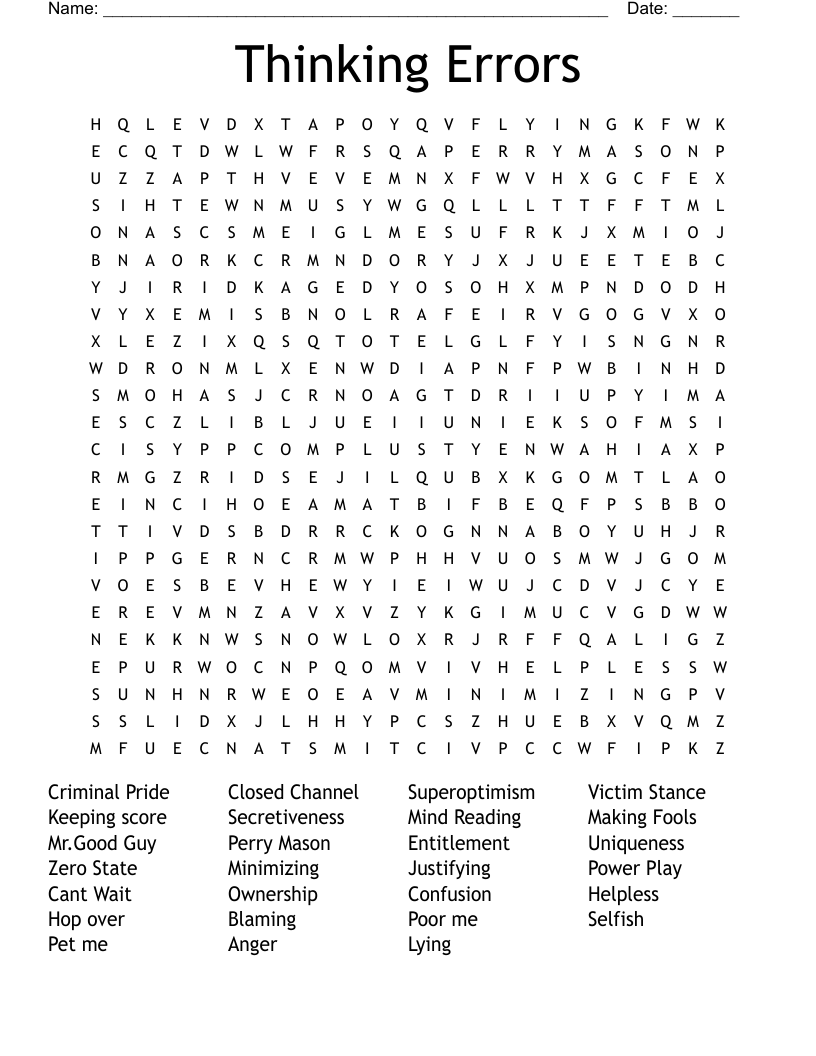 Thinking Errors Word Search