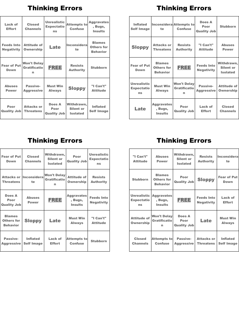 Thinking Errors Bingo Cards