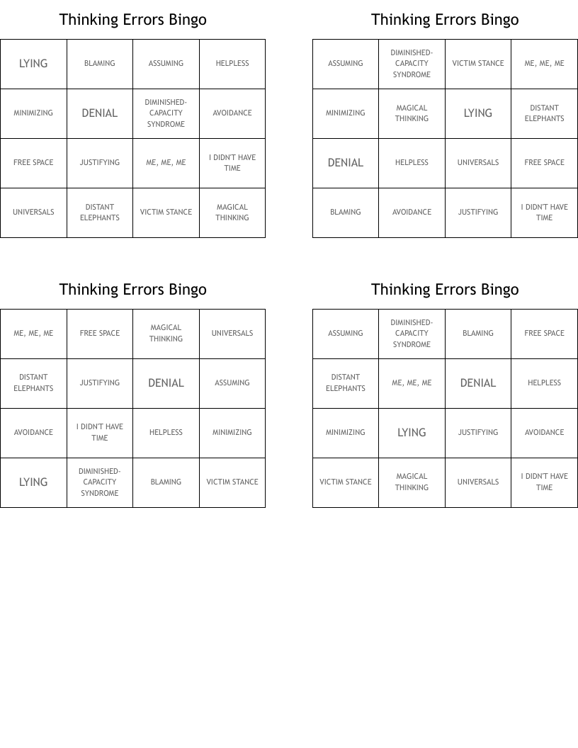 Thinking Errors Bingo
