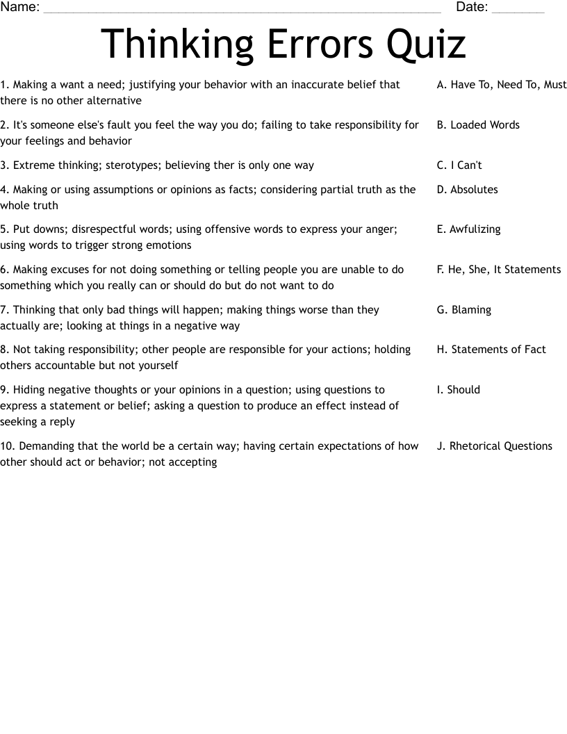 Thinking Errors Quiz Worksheet