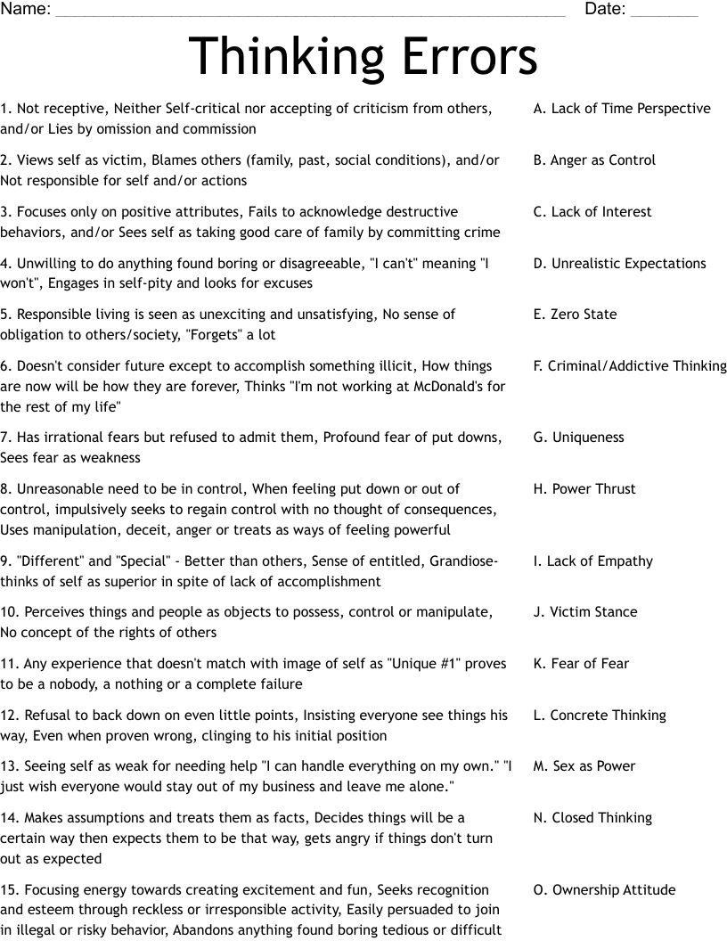 Thinking Errors  Worksheet