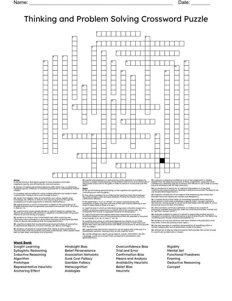 Thinking and Problem Solving Crossword Puzzle