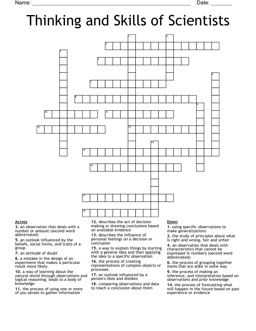 Thinking and Skills of Scientists Crossword