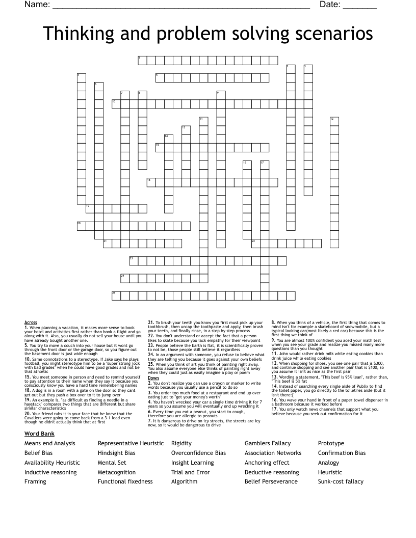 Thinking and problem solving scenarios Crossword