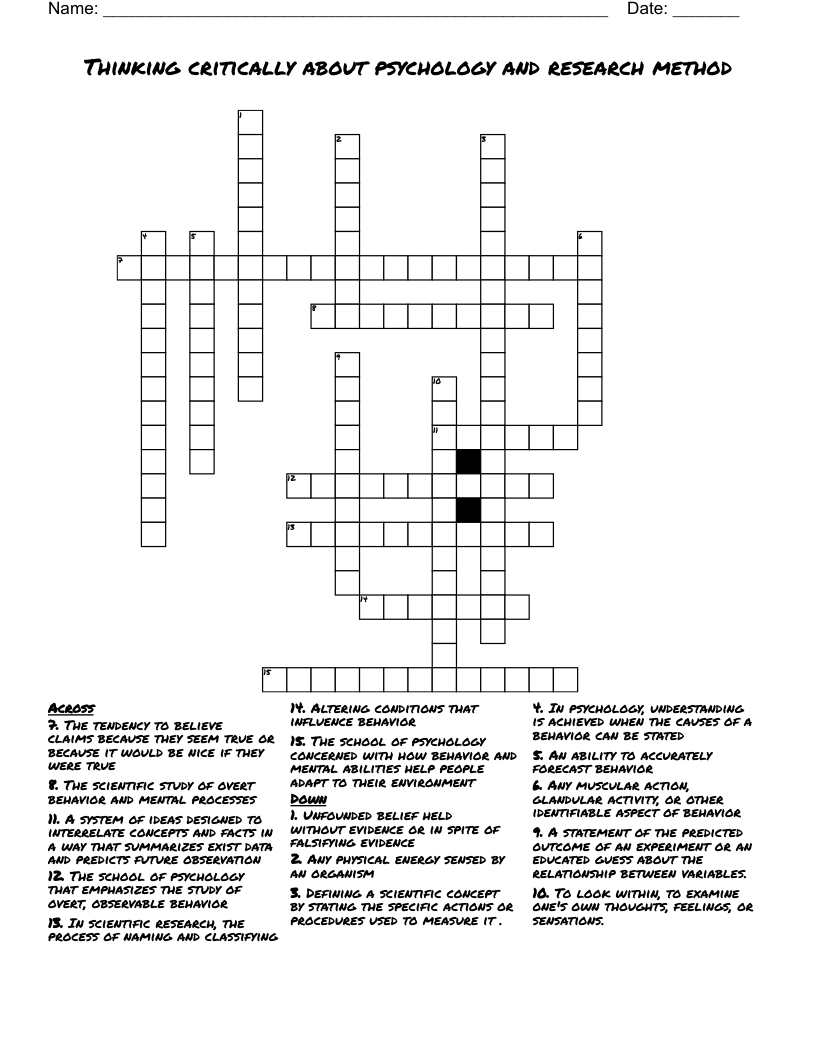 Thinking critically about psychology and research method Crossword