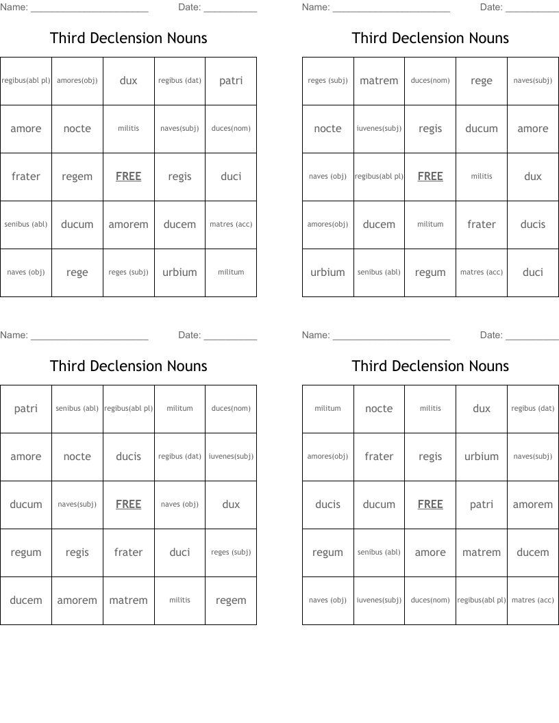 Third Declension Nouns Bingo Cards