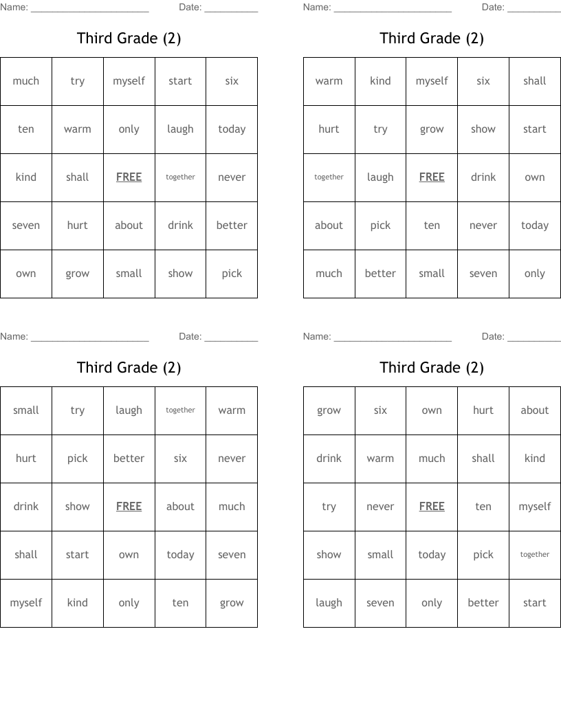 Third Grade (2) Bingo Cards