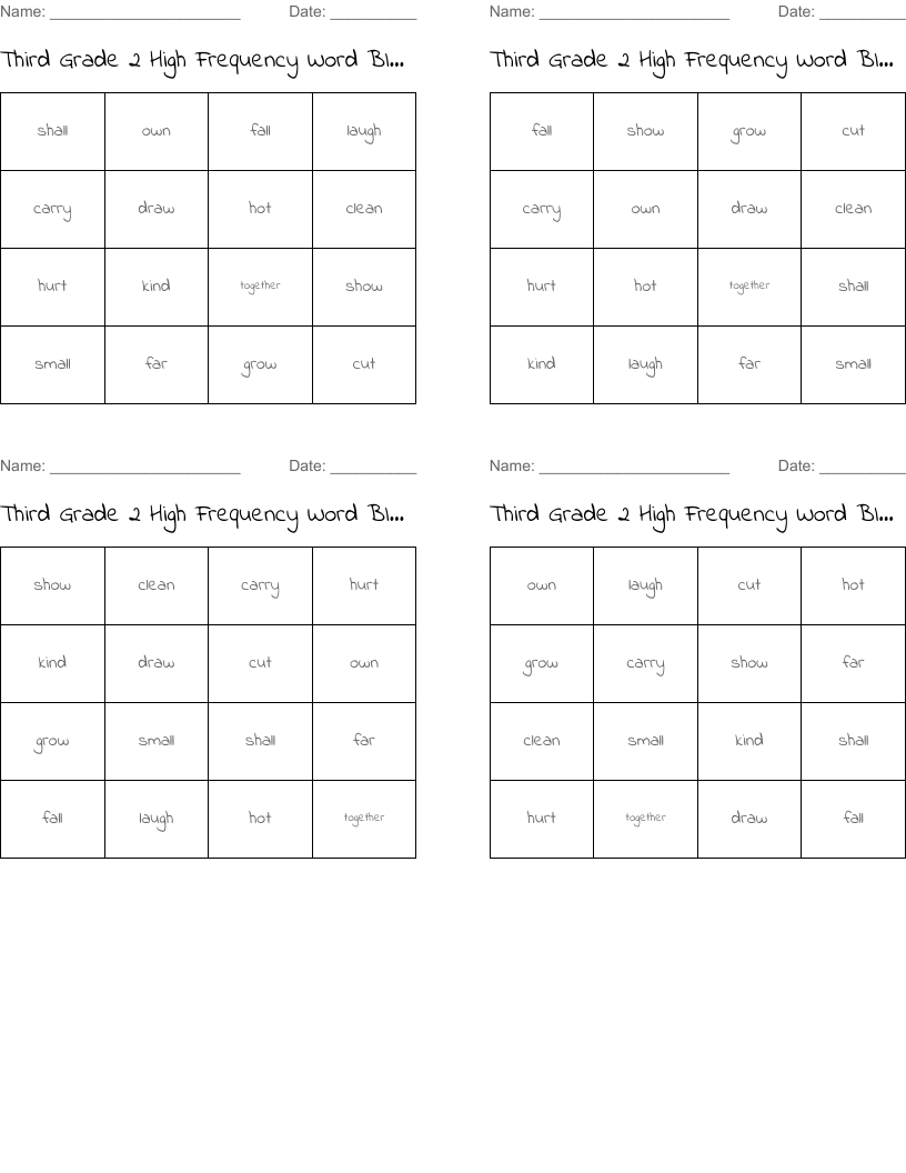 Third Grade 2 High Frequency Word BINGO 