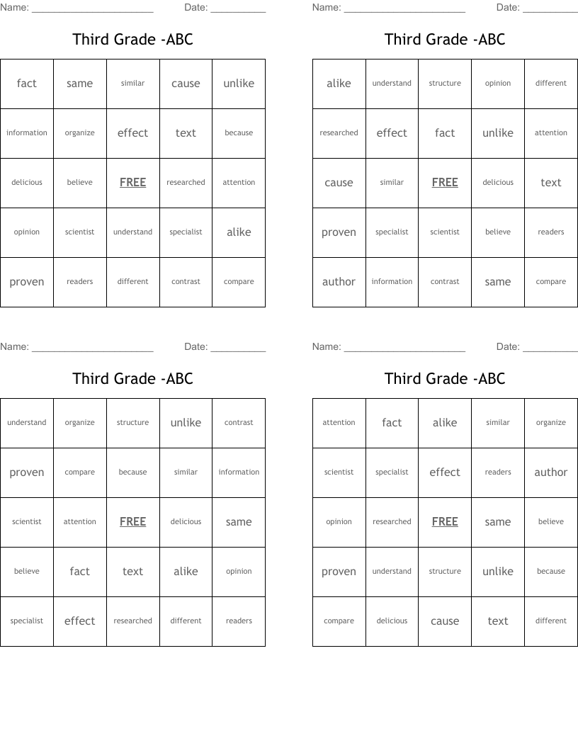 Third Grade -ABC Bingo Cards