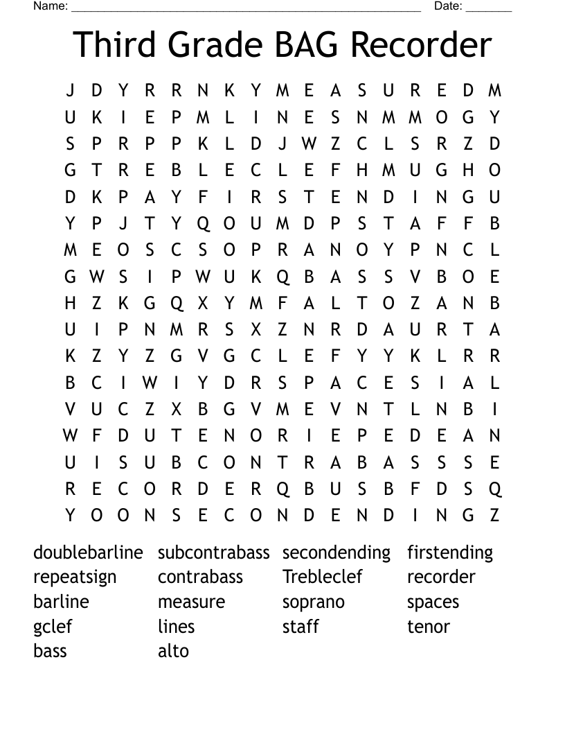 Third Grade BAG Recorder Word Search