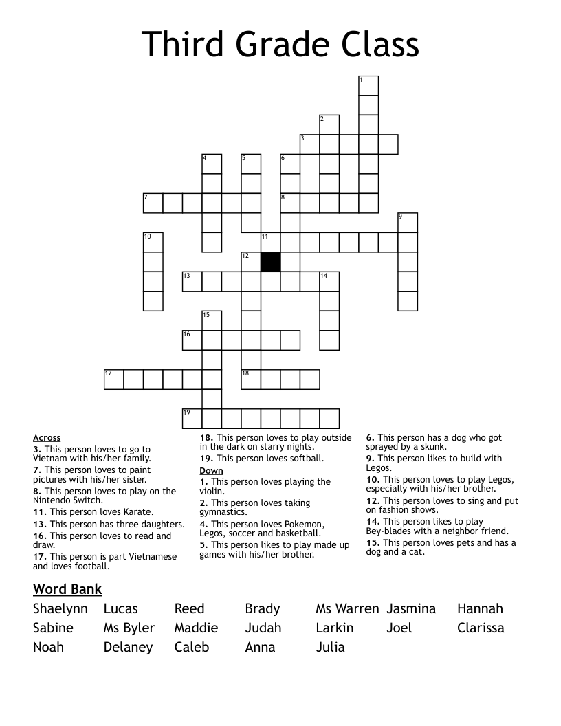 Third Grade Class Crossword