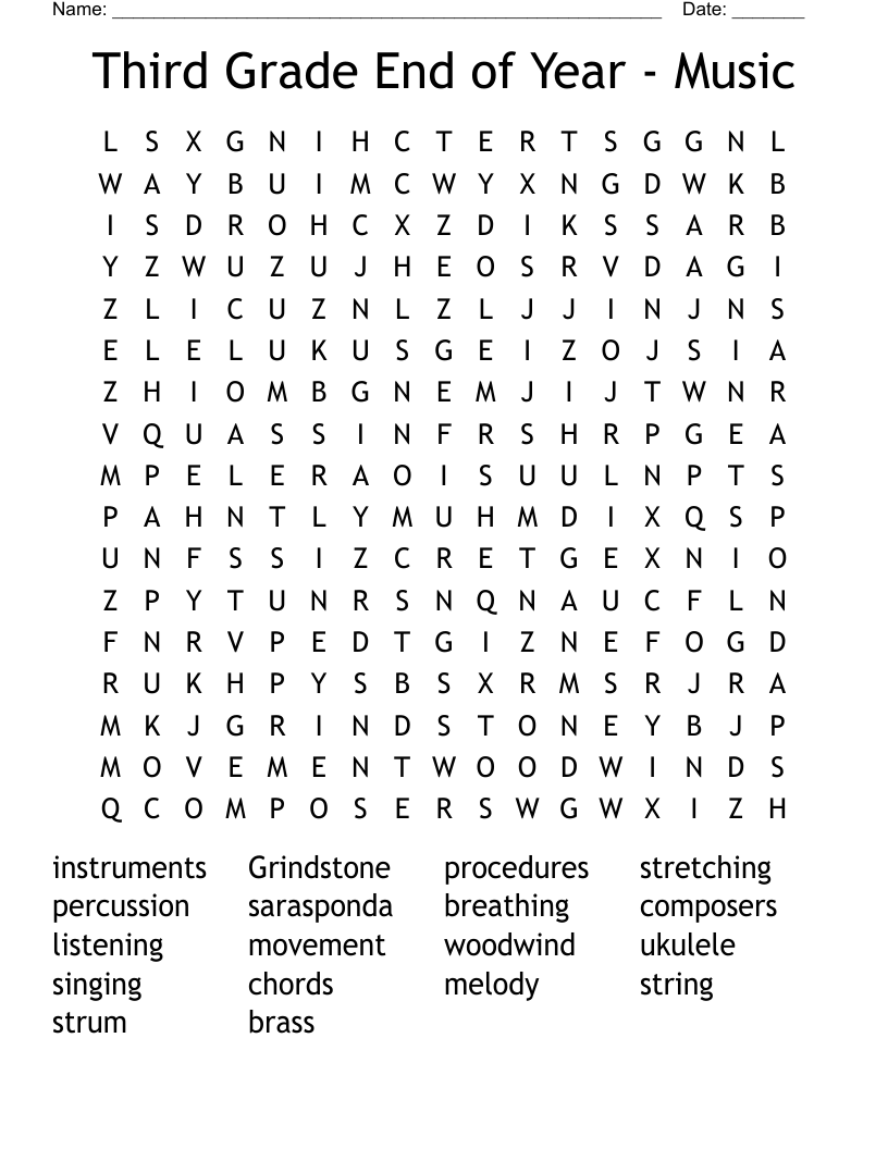 Third Grade End of Year - Music Word Search