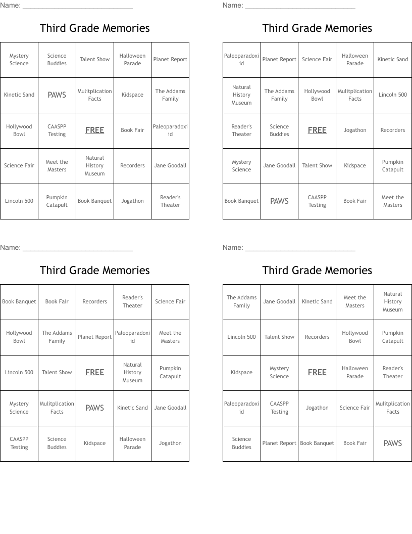 Third Grade Memories Bingo Cards