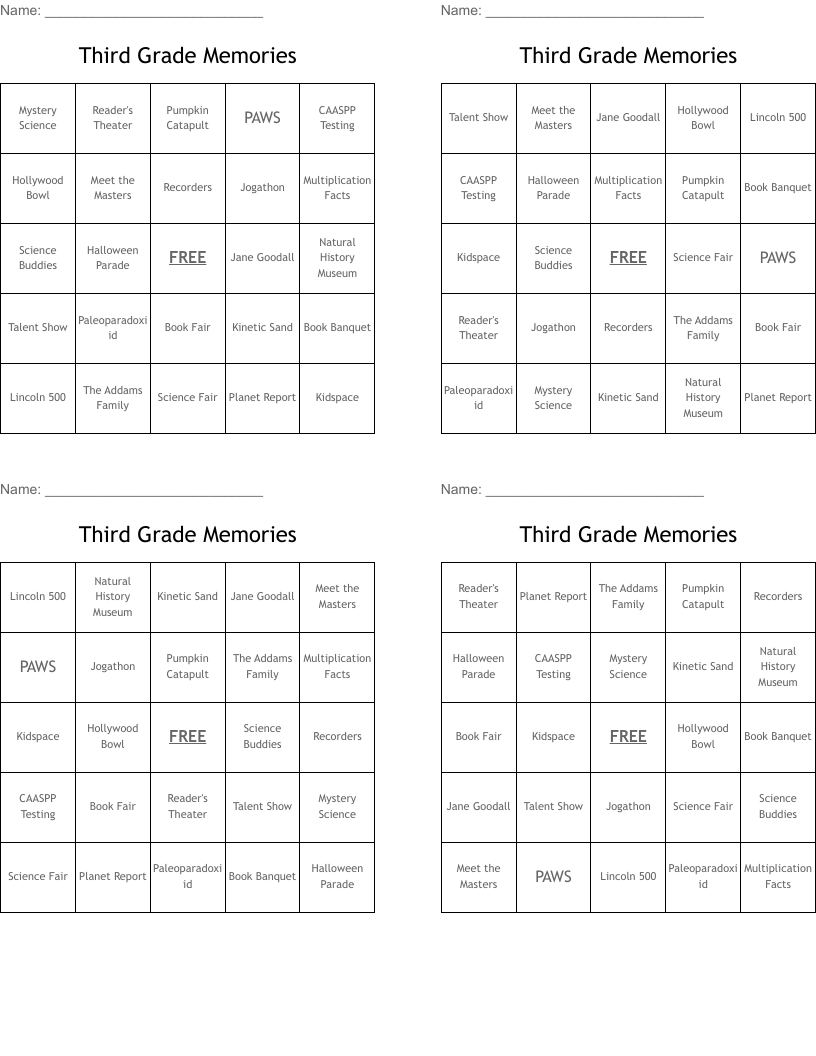 Third Grade Memories Bingo Cards