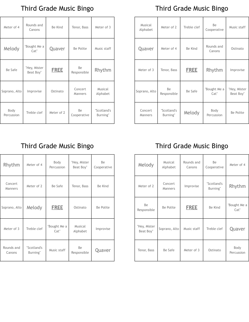Third Grade Music Bingo