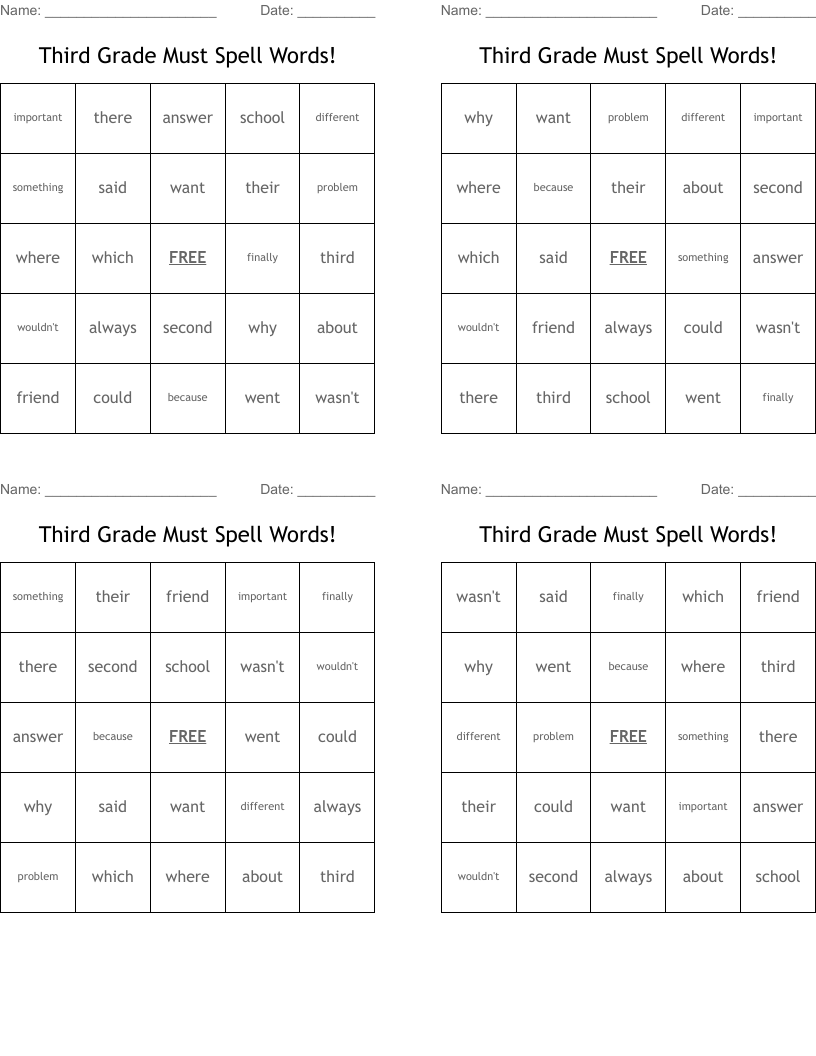 Third Grade Must Spell Words! Bingo Cards