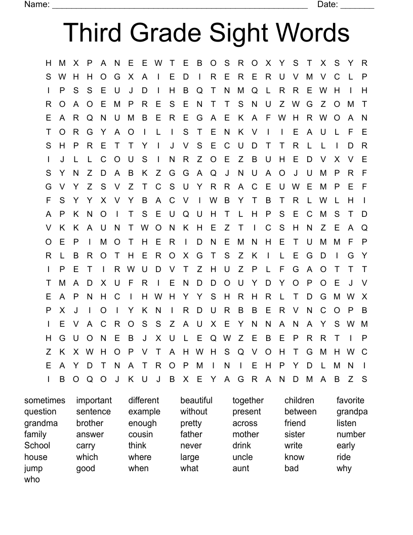 Third Grade Sight Words Word Search