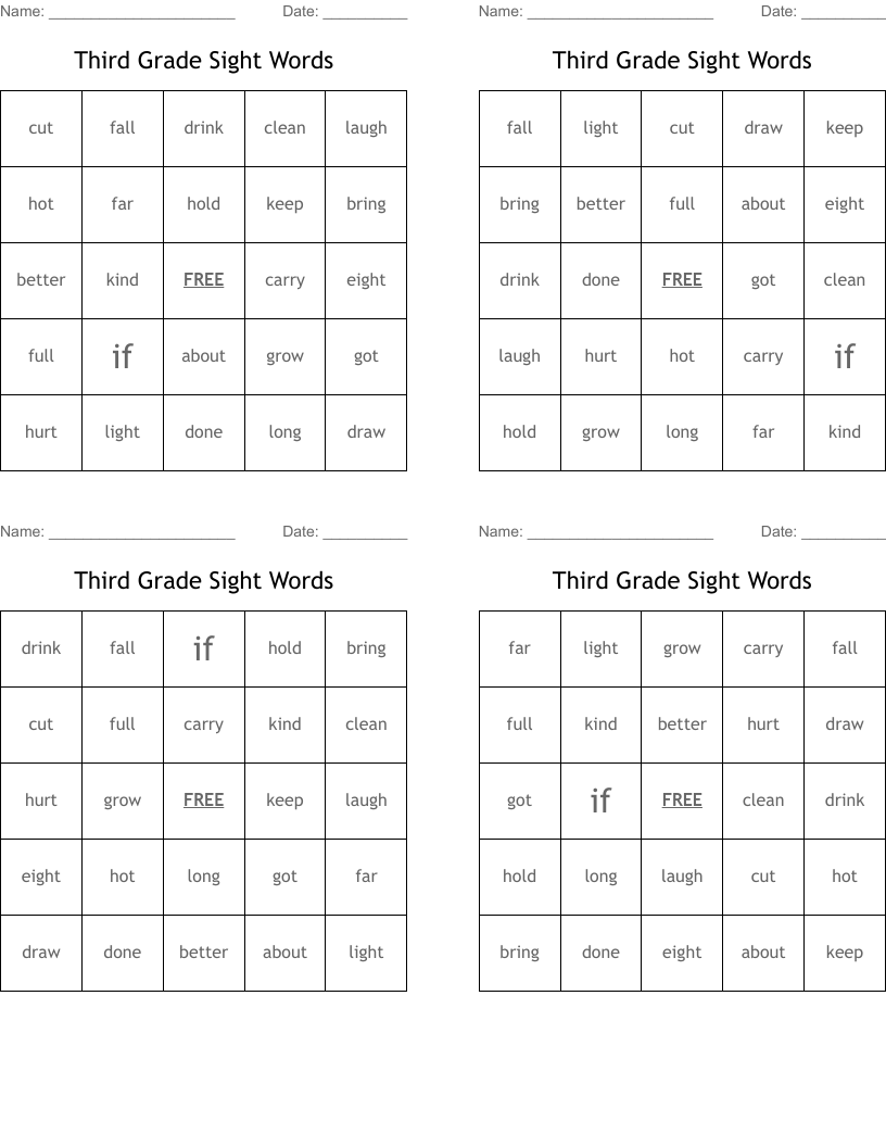 Third Grade Sight Words Bingo Cards