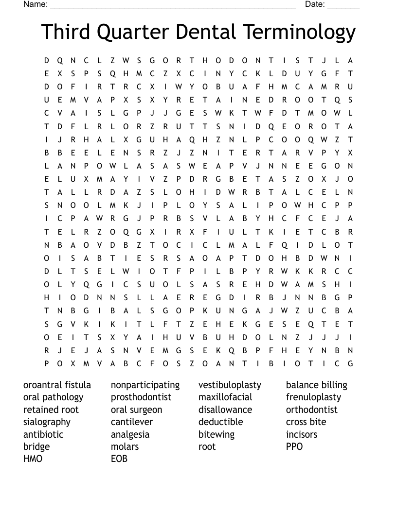 Third Quarter Dental Terminology Word Search