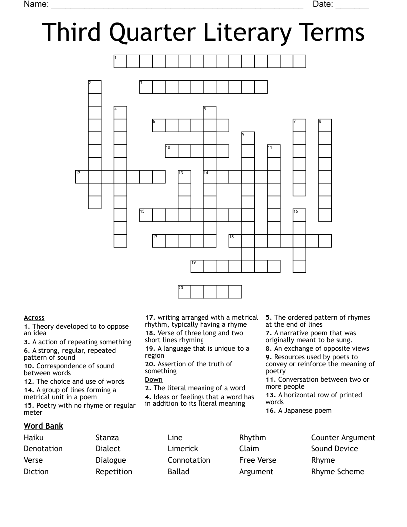 Third Quarter Literary Terms Crossword
