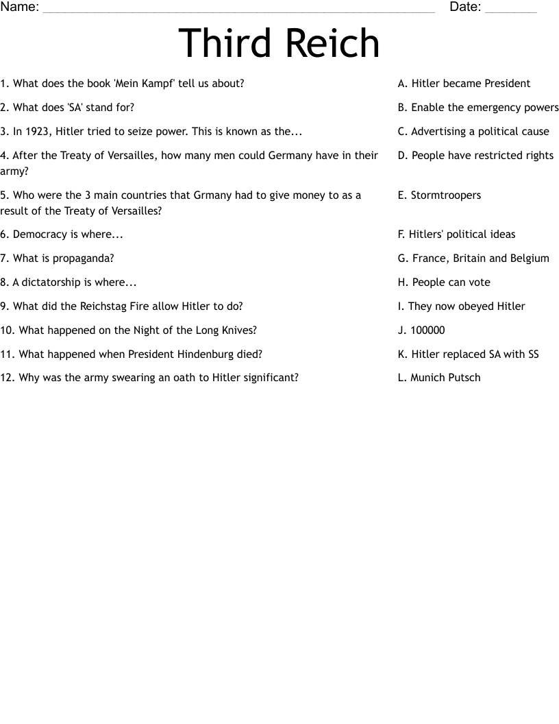 Third Reich Worksheet