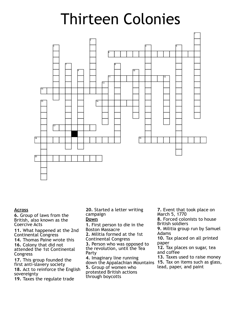 Thirteen Colonies Crossword