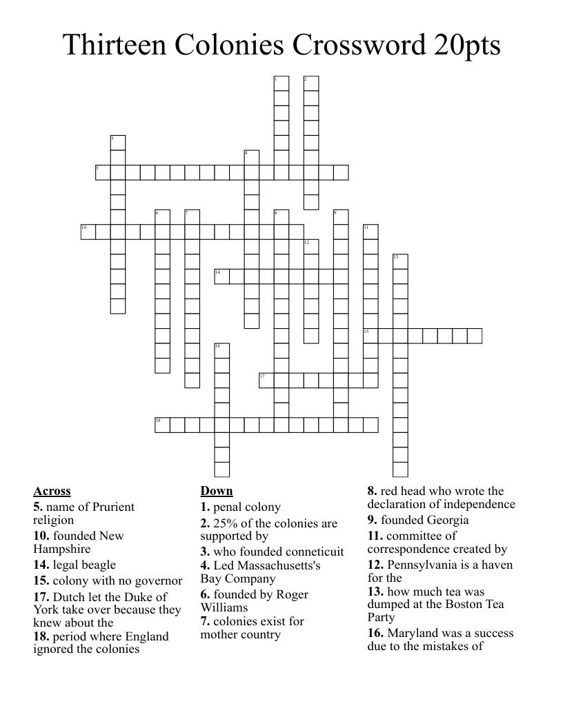 Thirteen Colonies Crossword 20pts 
