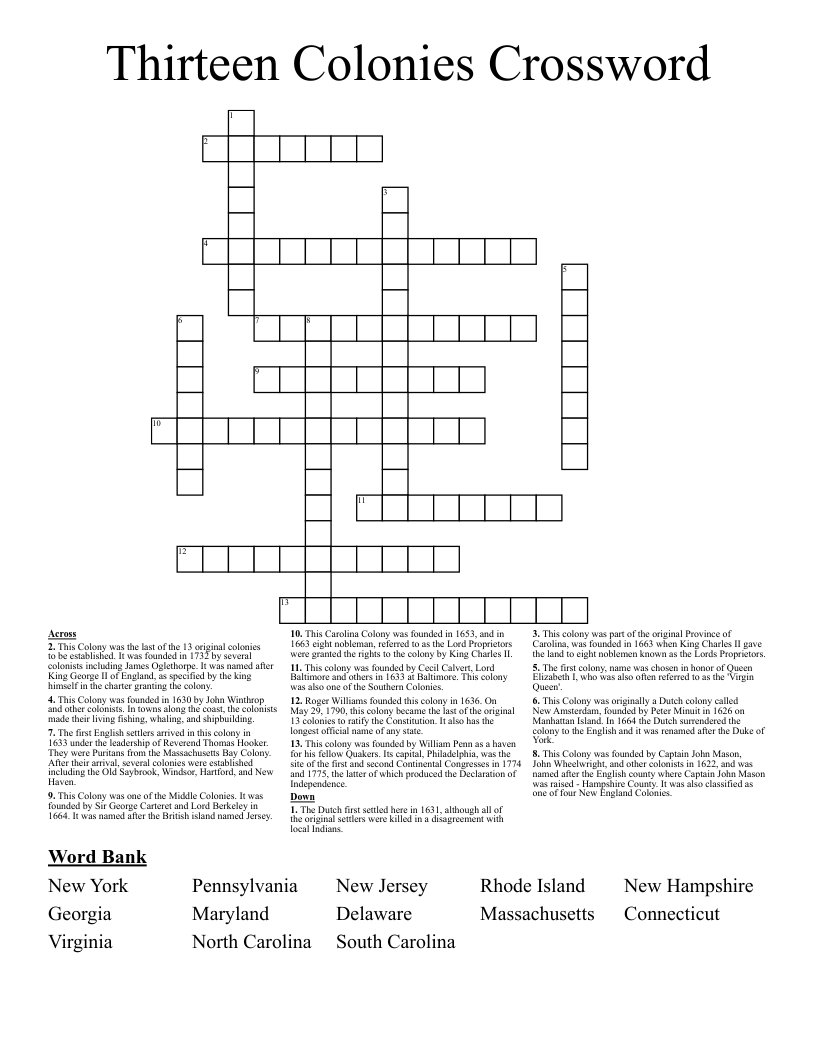 Thirteen Colonies Crossword