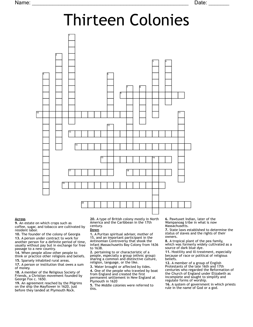 Thirteen Colonies  Crossword