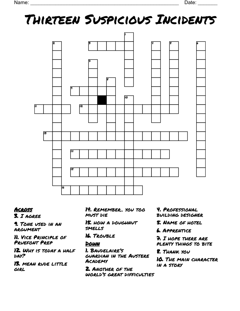 Thirteen Suspicious Incidents Crossword