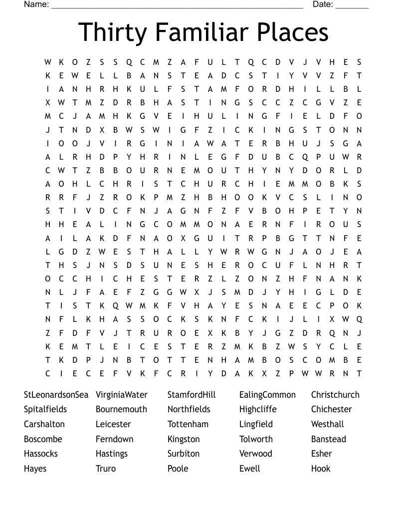 Thirty Familiar Places Word Search