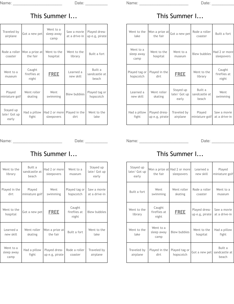 This Summer I... Bingo Cards
