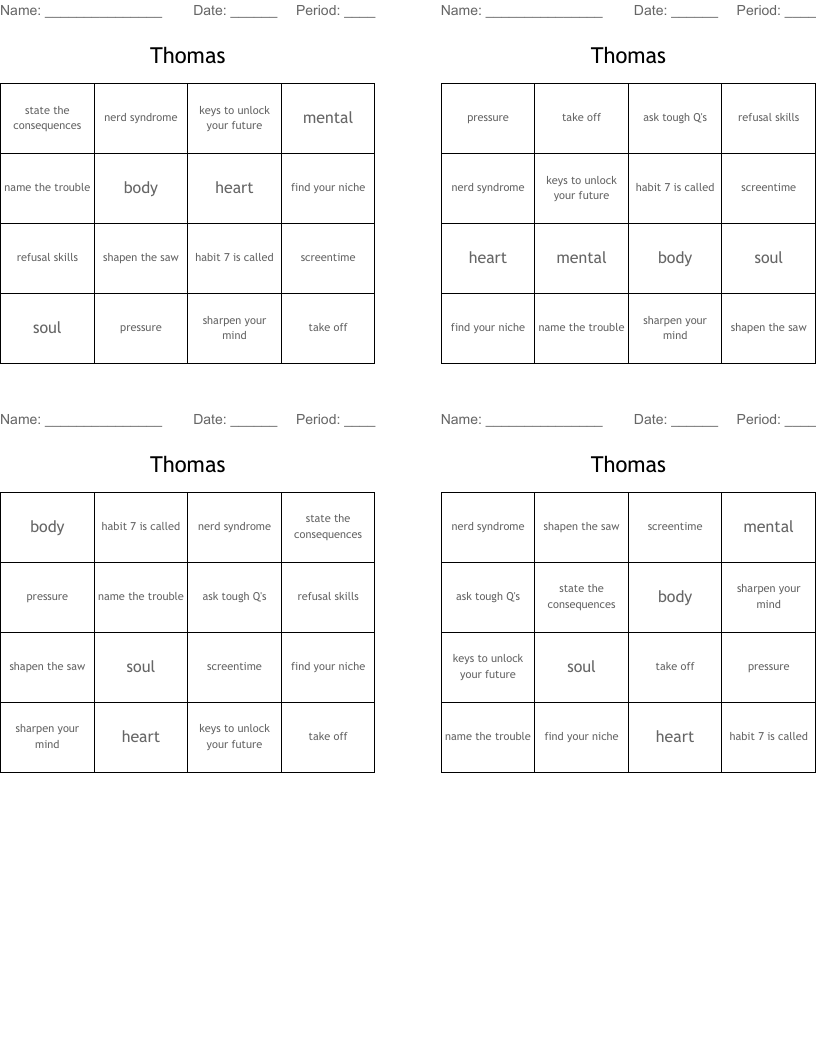 Thomas Bingo Cards