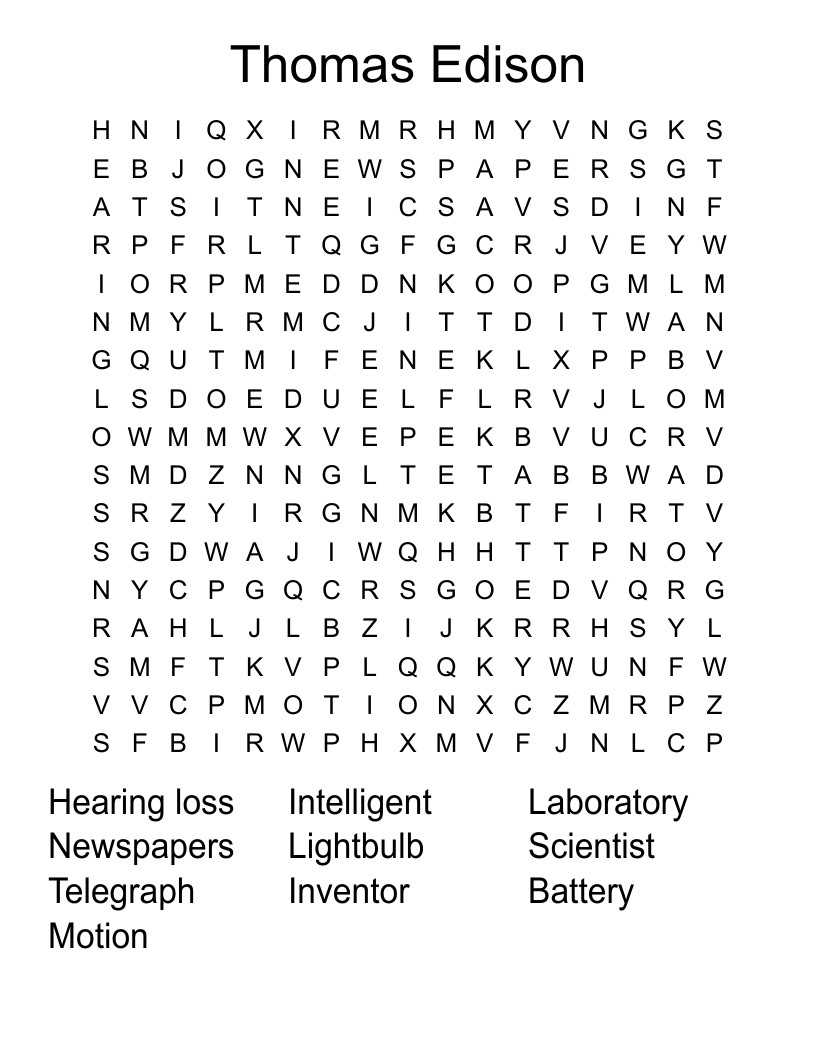 Thomas Edison Word Search