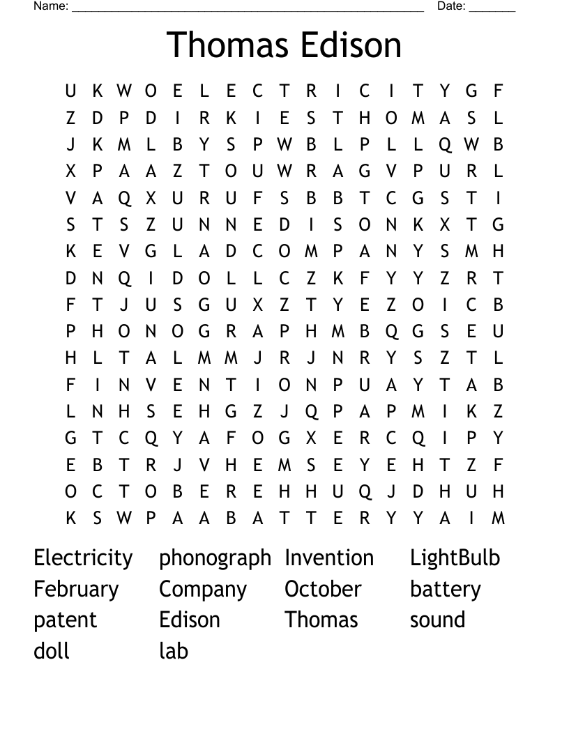 Thomas Edison Word Search